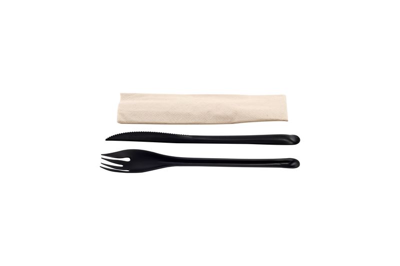 Pack CPLA Preto Garfo / Faca / Guardanapo - 50 Unidades